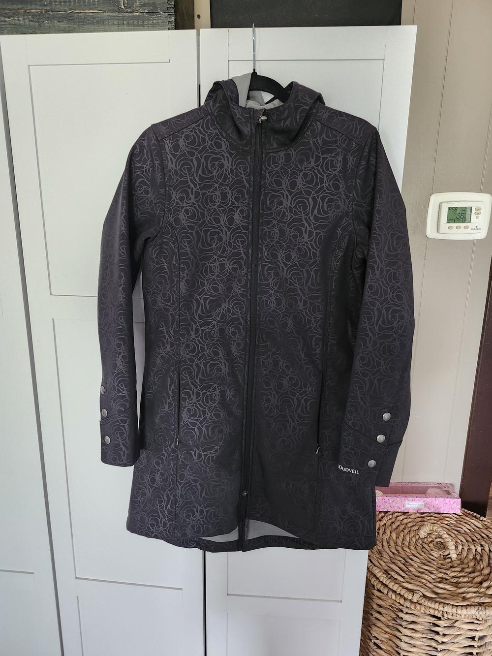 Women's Black Hooded Trench Coat with Floral Motif